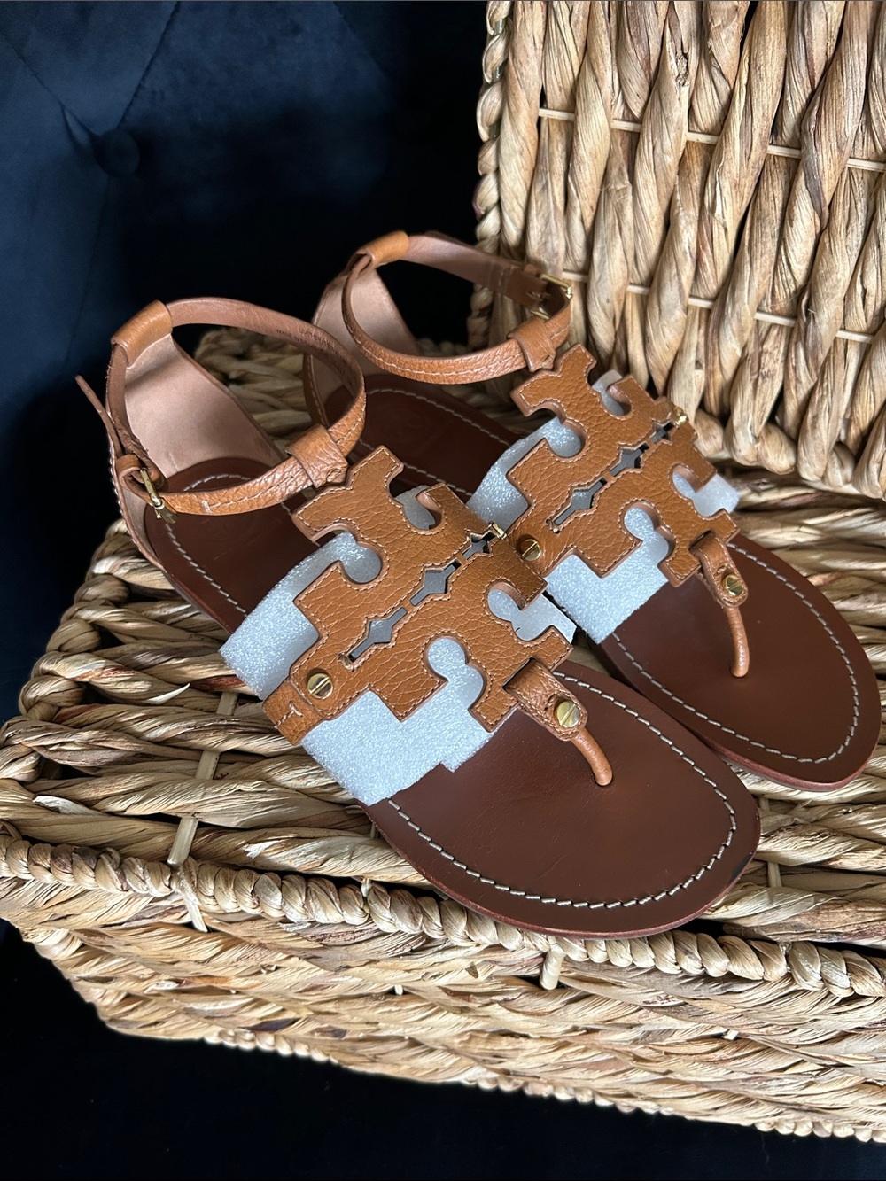 Women’s Tan Leather Ankle-Strap Thong Sandal by Tory Burch